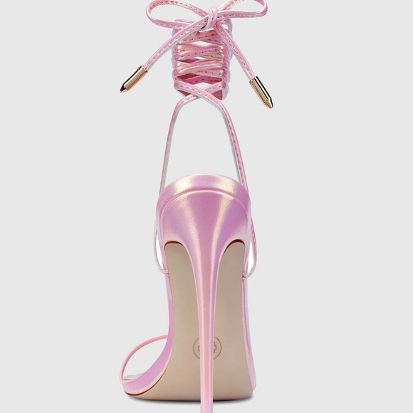 La Femme Shimmering Pink Lace-Up Heels - Picture 2 of 7